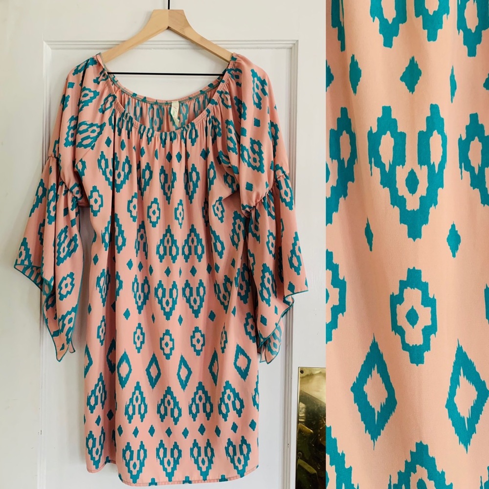 Vtg Candy Rose tribal tunic dress size L turq pink